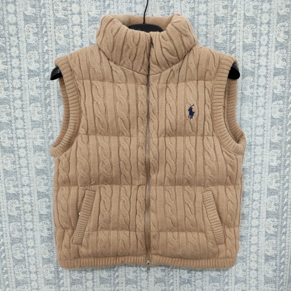 Ralph Lauren Camel Cable-Knit Quilted Vest with Navy Pony